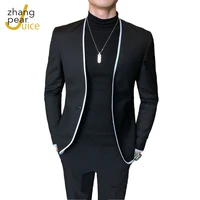 men patchwork fashion casual v neck coat blazer slim fit single button european mans suit black blazer hombre chaquetas
