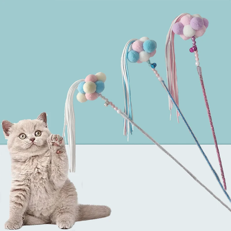 

Cat Teaser Wand Beaded Kitten Teaser Stick Cat Interactive Toy Colorful Pet Tassel Wand With Pompom And Bell Pet Supplies New