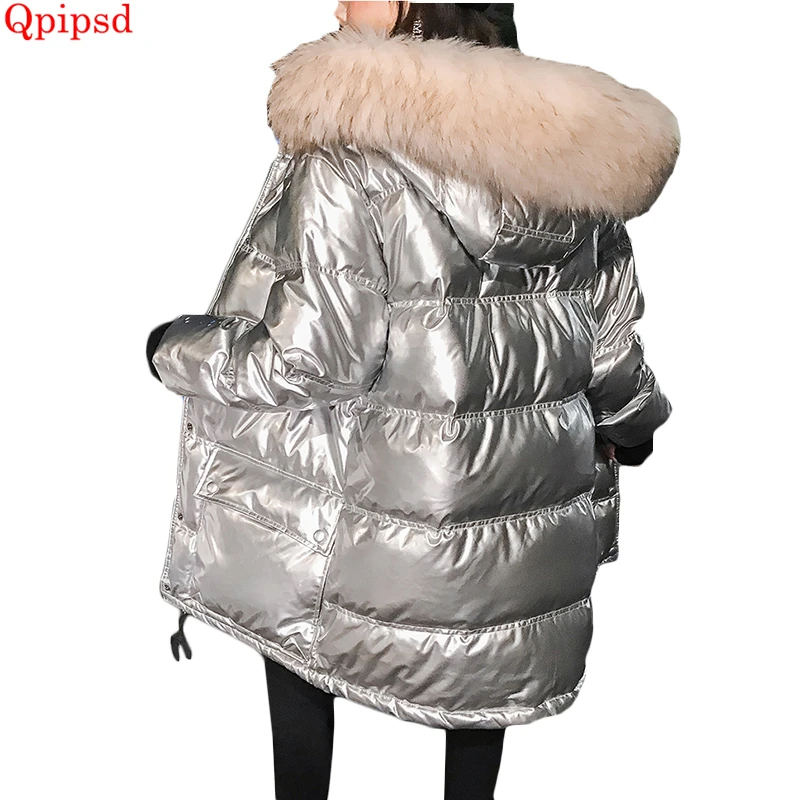 Пуховик женский зимний яркий с воротником из меха енота 90% Пух белой утки|Женские