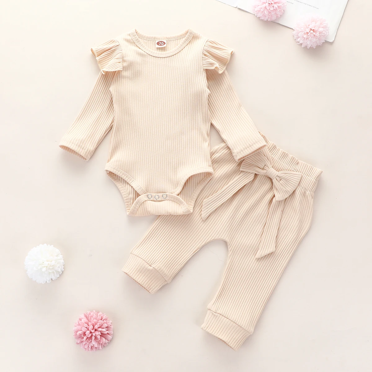 

Solid Baby Summer Suit, Cotton Ruffle Long-Sleeves Romper Top + Pants with Bow Tie Outfits for Little Girl, 0-2 Years