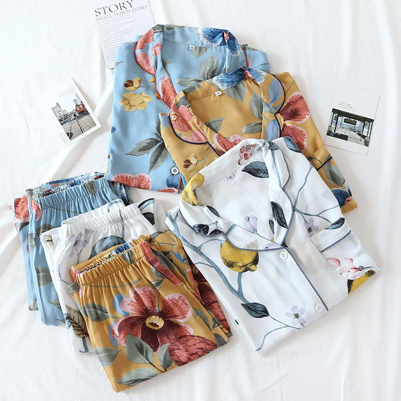 Spring/Summer New Pajamas Set Women Cotton Silk Long Sleeve Sleepwear Ladies Thin Rayon Loose Fashion Homewear Two Piece Summer
