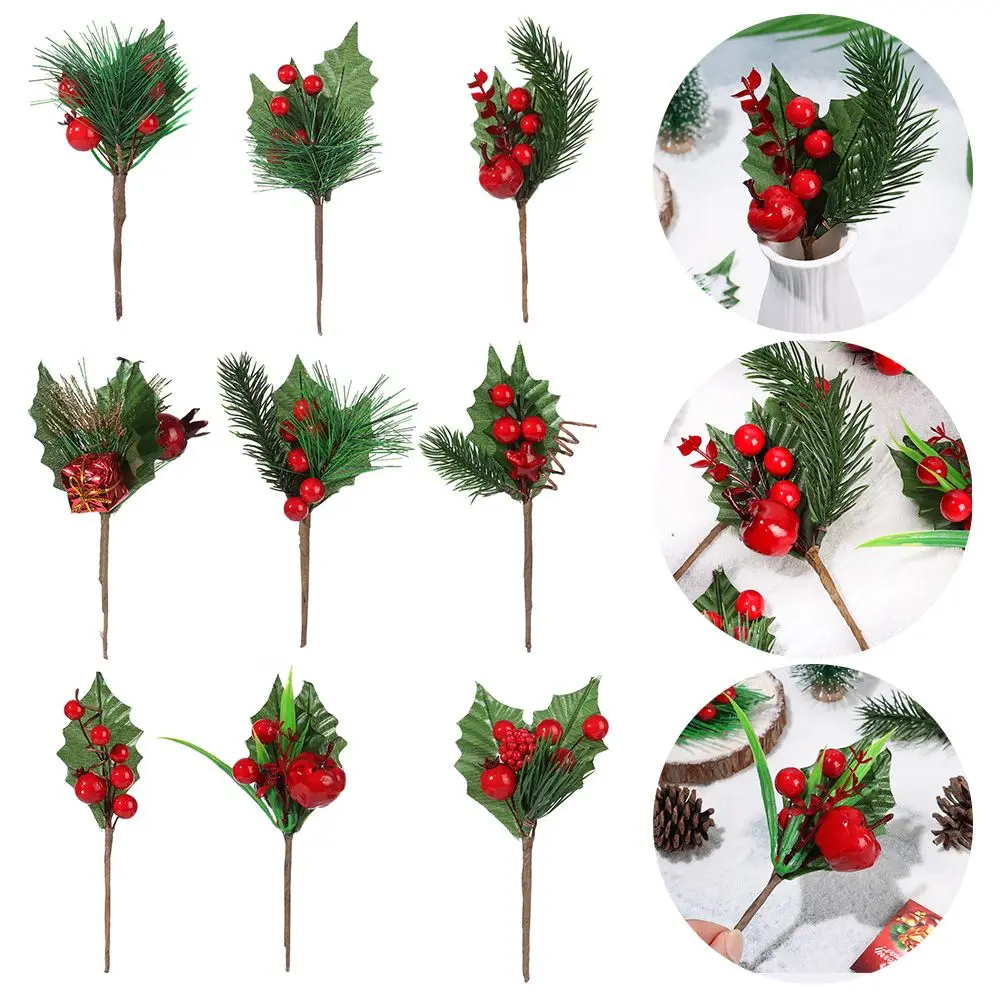 

New 1 Bundle Artificial Flower Red Christmas Berry Pine Cone With Holly Branches Xmas Decoration Home Party Floral Decor Crafts