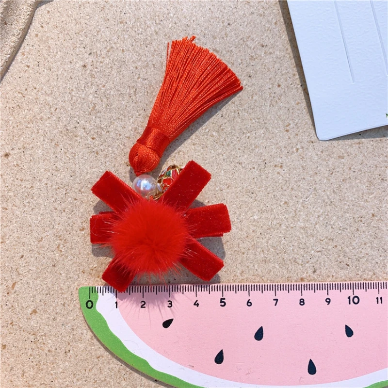 

LZZ-Children's New Year's Hair Clip Chinese Style Children's Big Red Hanfu Retro Bowknot Ball Hairpin Headdress