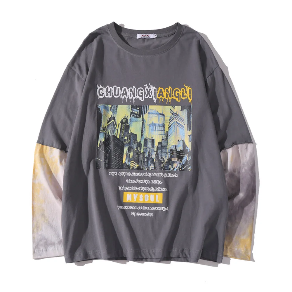 

Vintage Tie Dye Patchwork City Print Streetwear Sweatshirts Men 2020 Spring Casual Cotton Pullover Harajuku Hip Hop