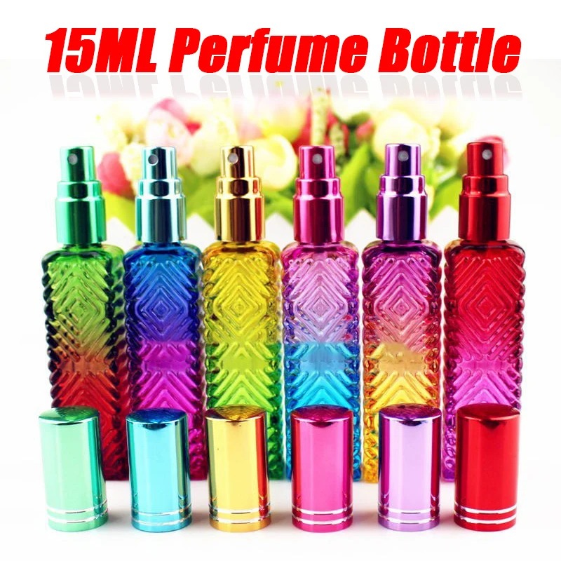

15 мл мини аромат многоразового Стекло флаконы косметическая упаковка бутылка-спрей красочные площадная Стекло пустой парфюмерный флакон