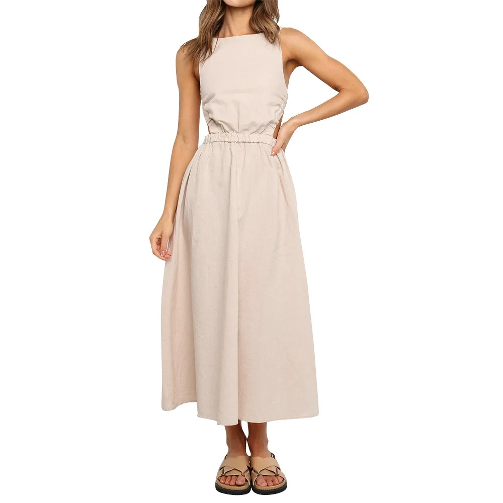 

Summer Fashion Women Sexy Backless Solid Color Dress Ankle Length Chic Slim Long Beach Party Female Dresses