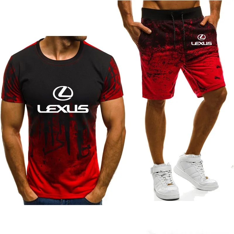 

Men's short sleeve Lexus Car Logo Printed Summer Gradient High Quality Cotton Mens Suit T-Shirt+Pants Suit 2Pcs