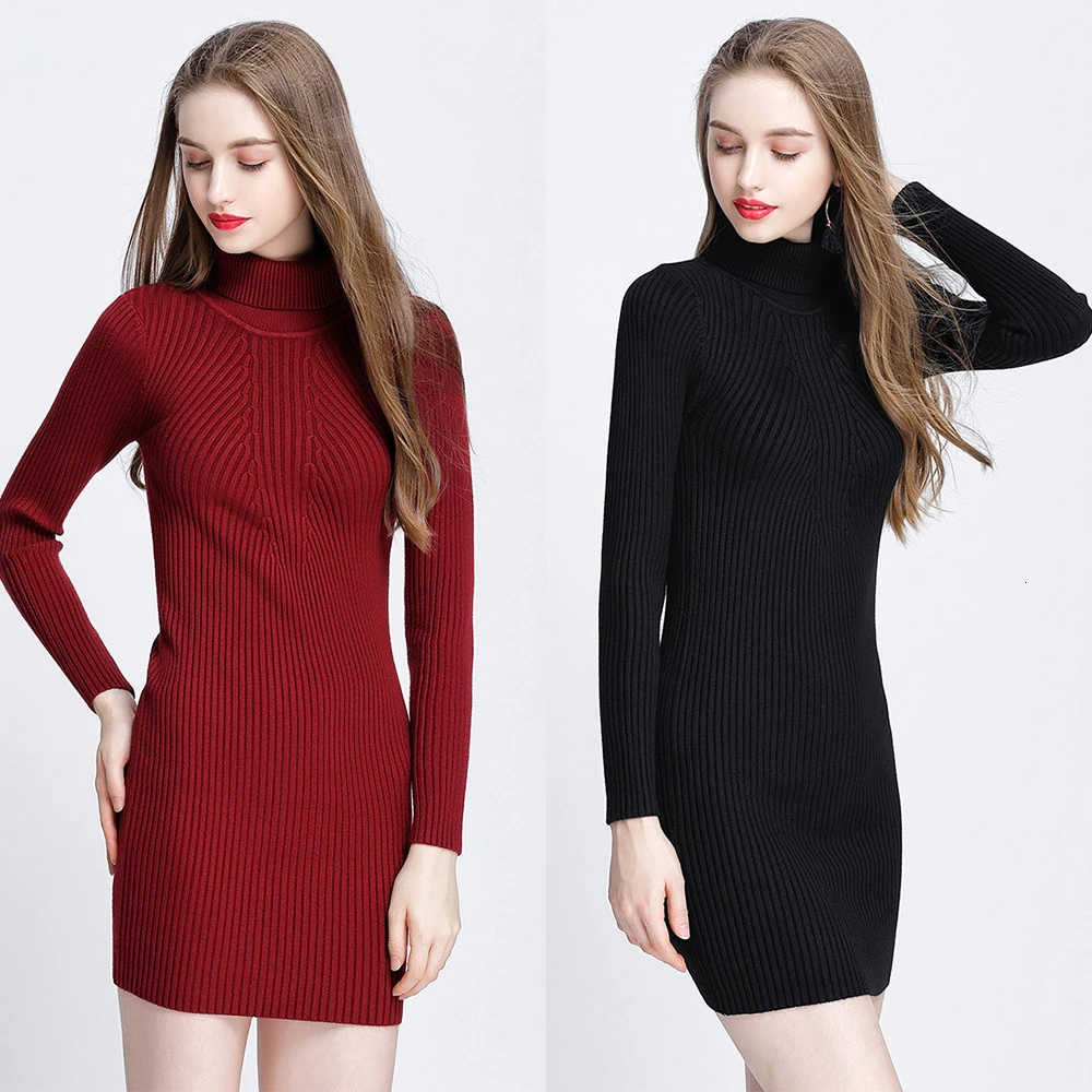 Осенне зимнее облегающее платье миди с высоким воротником офисное женское