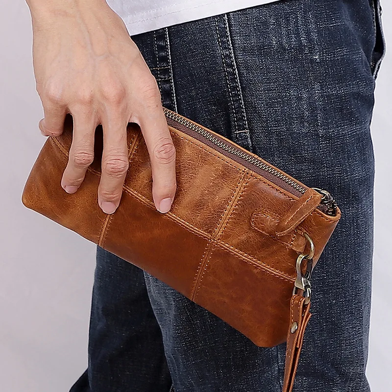 Men Leather Clutch Men's Clutch Bag Multifunctional Crazy Horse Leather Long Wallet Casual Fashion Leather Men's Bag