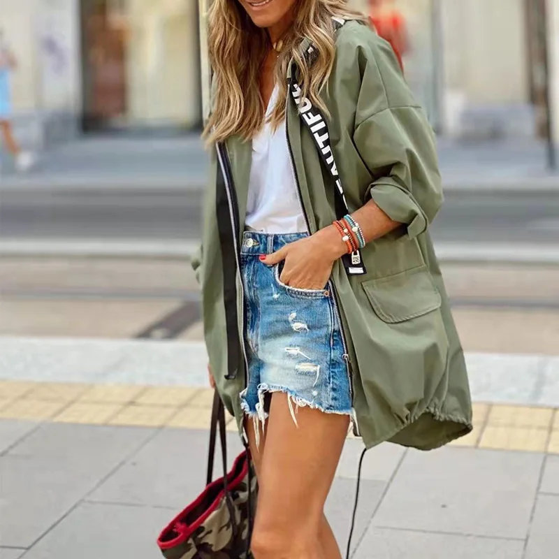 

Autumn Casual Long Sleeve Midi Outwear Windbreaker Spring Pocket Zip Hooded Trench Women Fashion Webbing Letter Patchwork Coats
