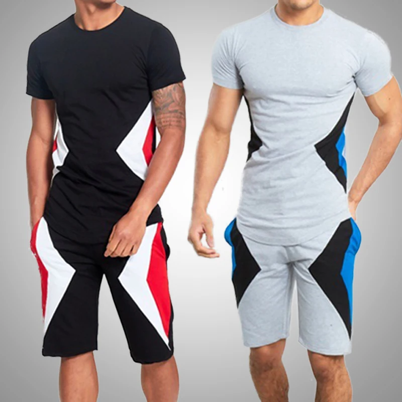 

Summer Tracksuits Man Sets Mens T-shirt Sets Patchwork Casual Short Sleeve Shorts Sports Set Male 2 Pieces Sweat Suits Clothing