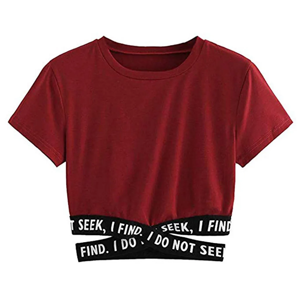 Fashion Womens Lady Soild Letter T-Shirt Harajuku Kawaii Cross Bandage Sexy Tops Casual Summer Korean Style Top Tees Female | Женская