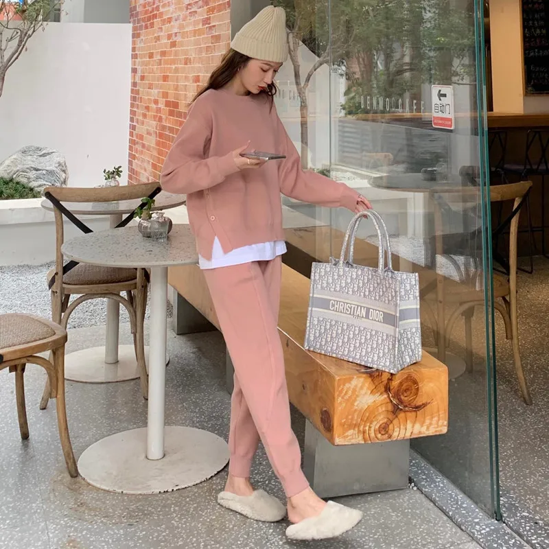 

Korean Spring Autumn Women's tracksuit set Solid Color Hem Buttons Sweater and Casual Trousers Suits Knitted Two Piece Set