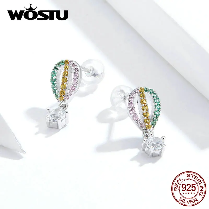 WOSTU Real 925 Sterling Silver Rainbow Air Balloon Stud Earrings For Women Stylish Zircon Small Romantic Jewelry FIE770 | Украшения и