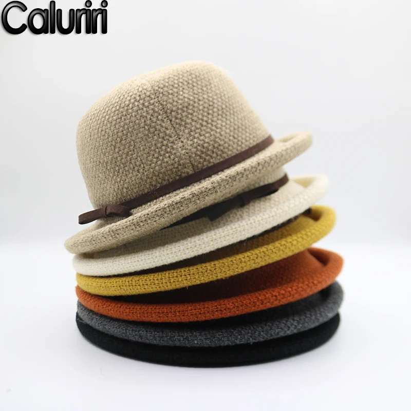 Для женщин шерсть фетровая шляпа церкви котелок Шапки Ретро мягкий теплый ведро