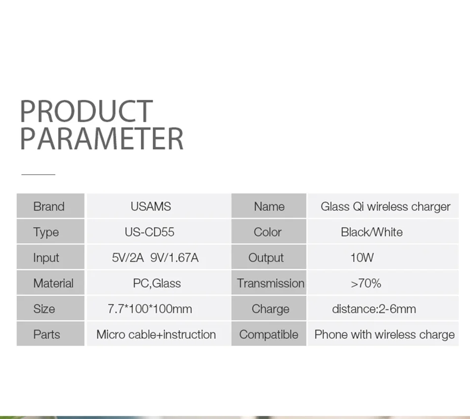 USAMS Qi Беспроводное зарядное устройство для iPhone X/XS Max XR 8 8 Plus 10 Вт 5V2A стекло быстрая Беспроводная зарядка для samsung S8 S9/S9+ Note 9 8