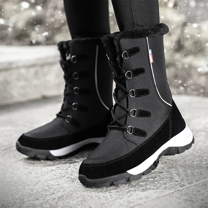 

2021 Women Boots Winter Shoes Female Plush Fur Liner Women Botas Waterproof Lace Up Hiking Booties Ladies Footwear Comfortable