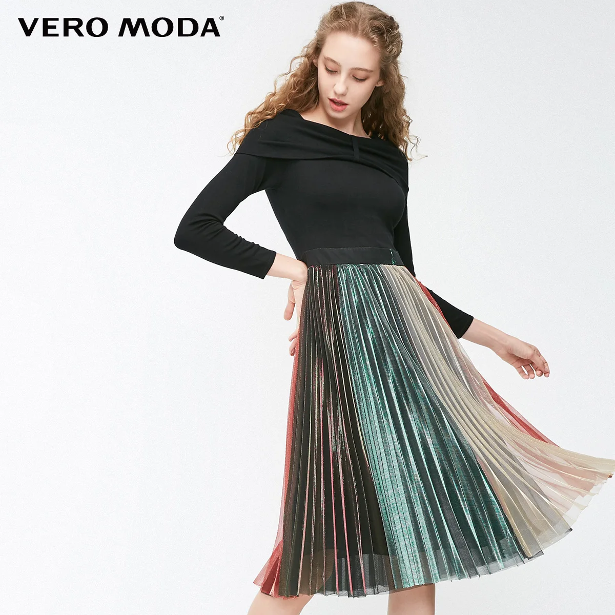 Vero Moda Новое поступление Плиссированное трикотажное платье с вырезом лодочкой и открытыми плечами с блестящими стежками с длинными рукавами | 31837D506 - Цвет: Black