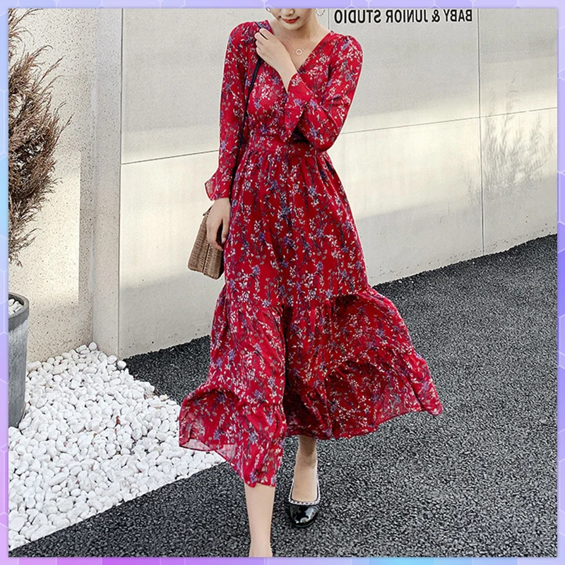 

Осеннее корейское модное женское длинное платье с V-образным вырезом, трапециевидные шифоновые шелковые женские платья с тонкой талией и пр...