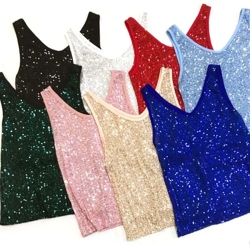 

Shinning Elasticity Sequins Camis Crop Tops Girls 2020 Spring Summer Sexy Fashion Sleeveless Tshirts Tanks For Women