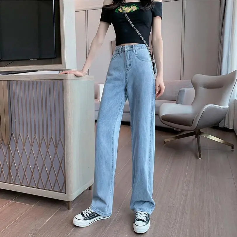 

Женские джинсы с высокой талией и широкими штанинами, синие винтажные прямые брюки в стиле Харадзюку, уличная одежда, модель W18, 2021