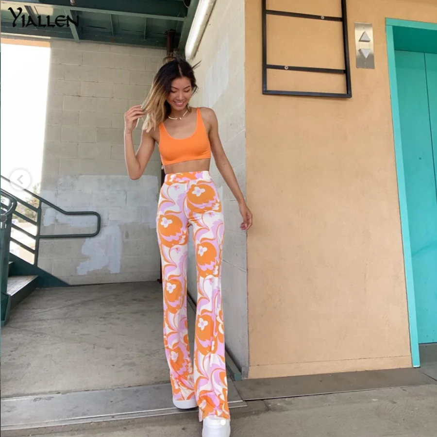 

Yiallen Summer Thin Wide Leg Pants Chic Women Orange Printed Streetwear Stretchy Casual Female Elegance Wild Slim Trousers Hot