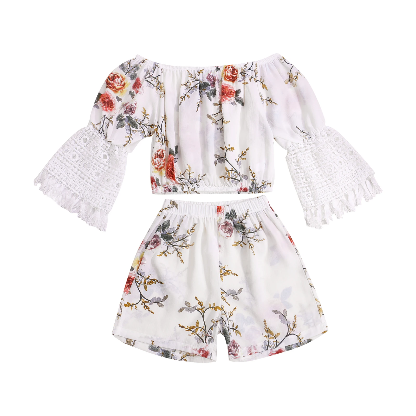 

Детский комплект из 2 предметов, топ с цветочным принтом, вырезом лодочкой, бахромой и расклешенными рукавами, короткие брюки для малышей