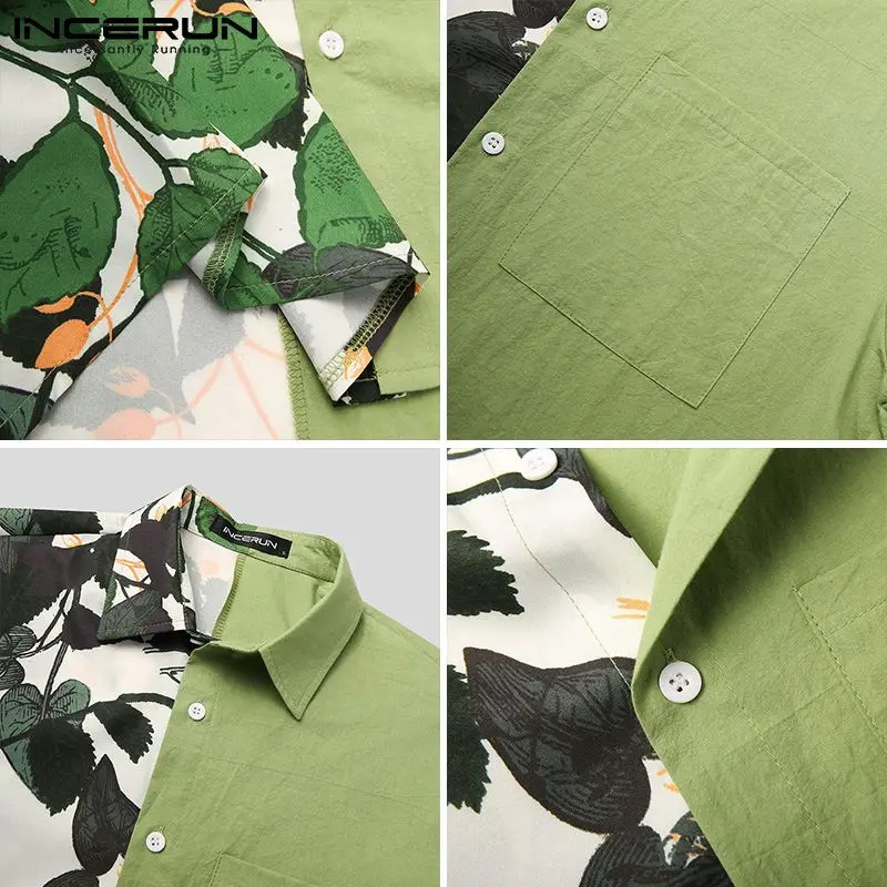 

INCERUN Summer Men Hawaiian Shirt Print Patchwork Streetwear Lapel Short Sleeve Button Casual Men Clothing Vacation Camisas 2021