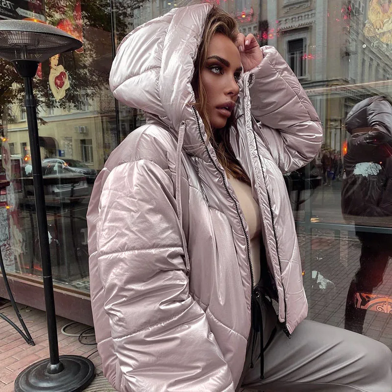 2021 Women Short Jacket  Winter Thick Bright Face Long-sleeved Hooded Cotton Padded Coats Autumn Winter Female Parkas Jackets