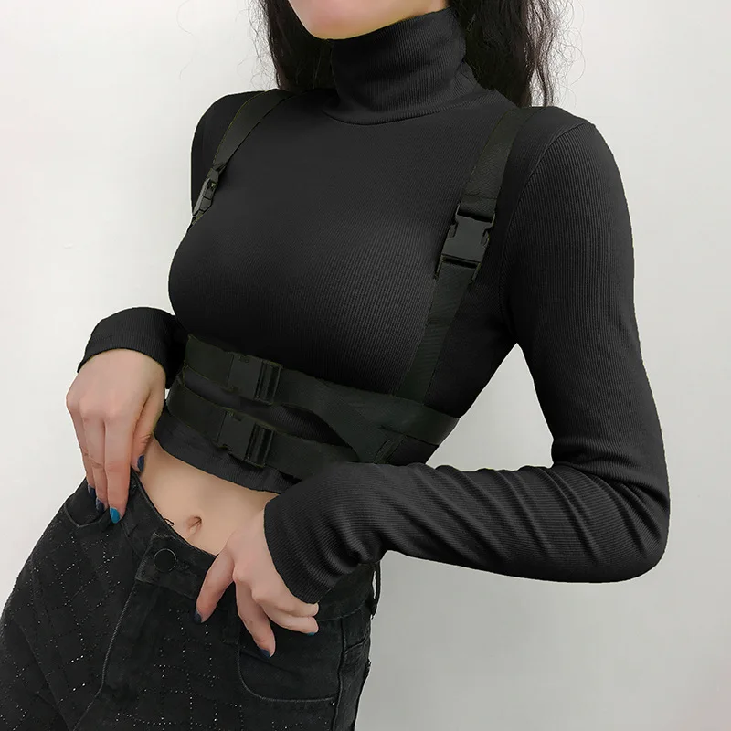 Женская трикотажная футболка с пряжкой модная облегающая однотонная Водолазка