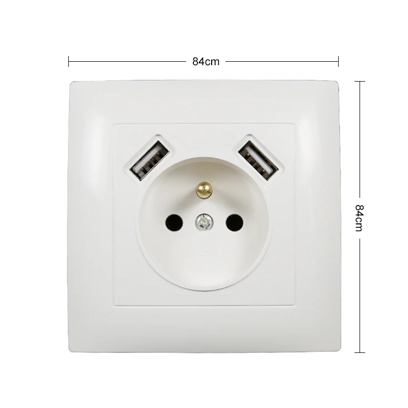 

High Quality USB Wall French Socket Double USB Port 5V 2A USB One Socket White With Ground Wall Electronic Socket LC-19