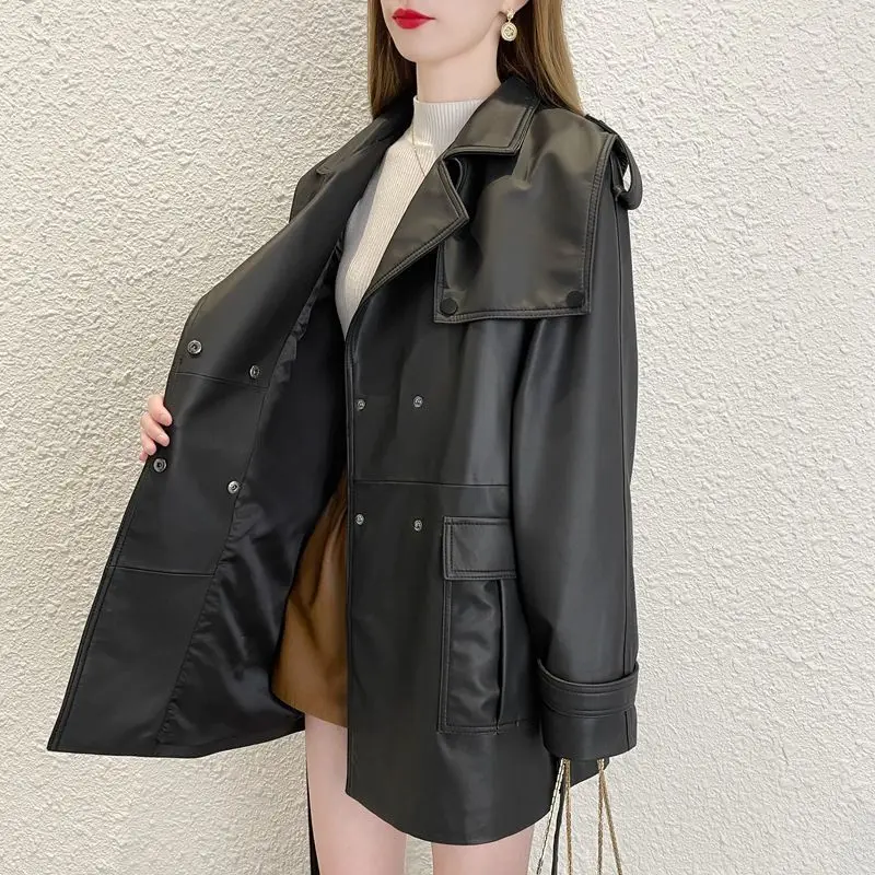 2022 Casual Genuine Sheep Leather Jacket New Lace-up Waist Mid-length Navy Collar Jacket H9