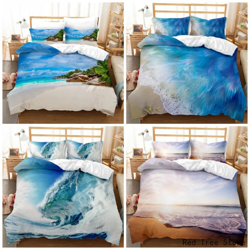 

Blue Seaside Wave Bedding Set Digital Print Landscape Duvet Cover Pillowcase Kids Adult BedLine Queen Size No Sheet Bedclothes