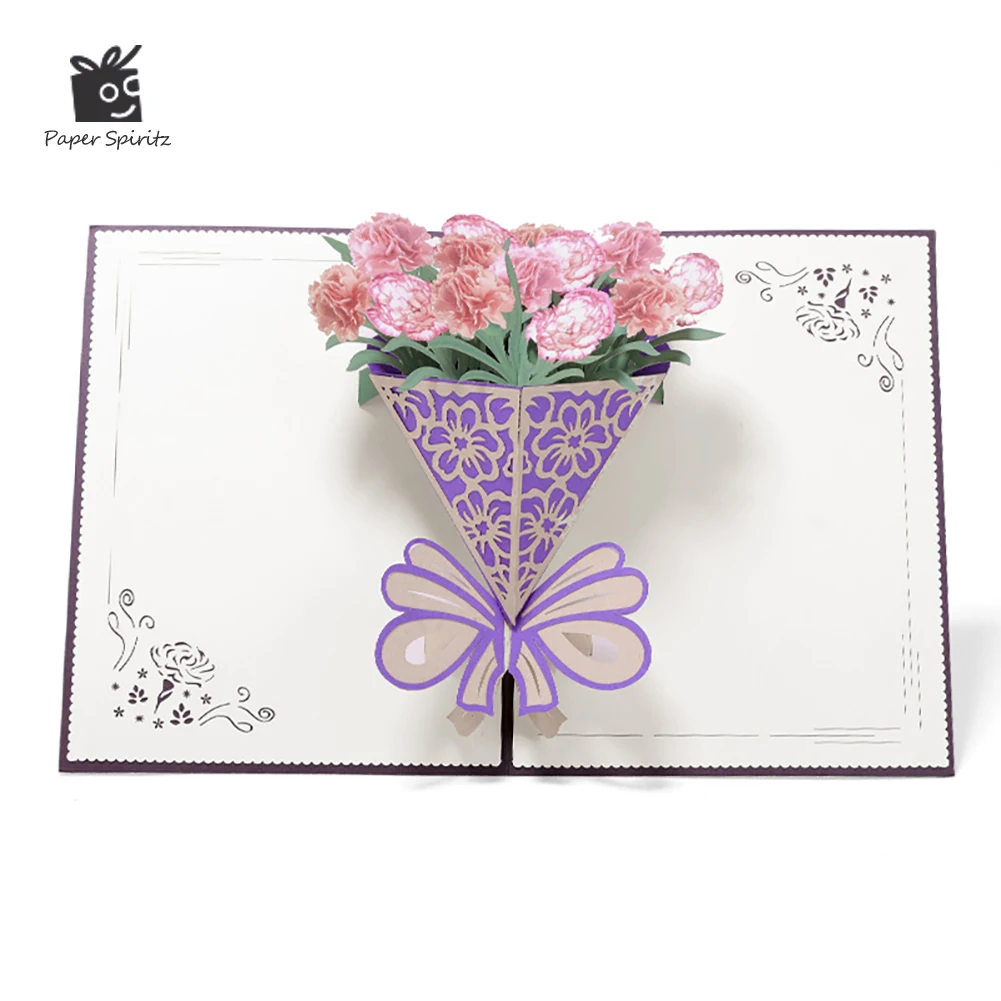 

PAPER SPIRITZ Carnation bouquet 3D laser paper pop up card with blank envelope invitations greeting cards wedding invitation