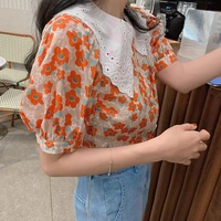 puff sleeve hit color floral blouse women summer new retro loose short sleeved shirt bottoming shirt