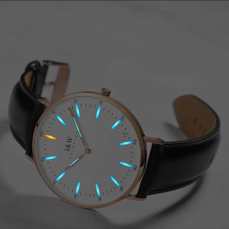 CARNIVAL Fashion Business Watches For Men Women Couple Lover's Quartz Wristwatch Ultra Thin Tritium Self Luminous Clock Reloj