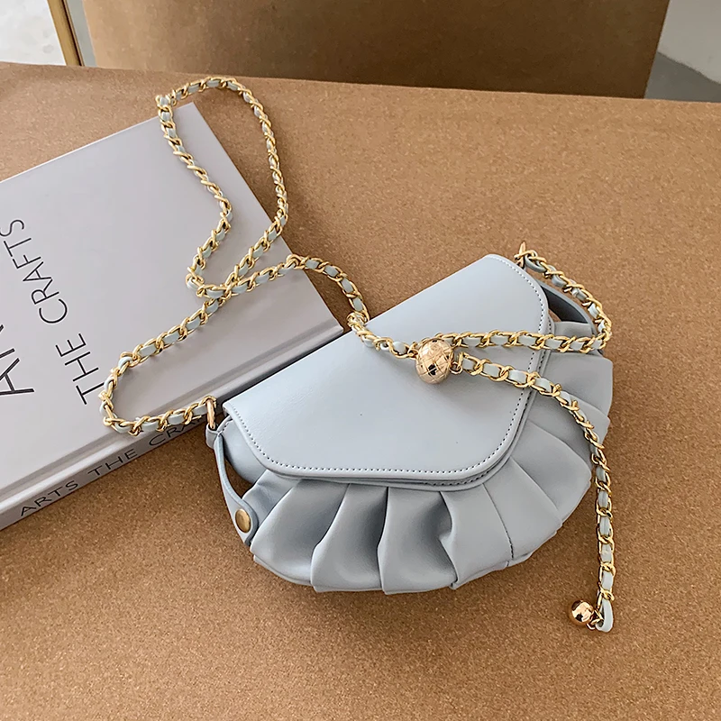 

Solid color Pleated Small Saddle bag 2020 New High-quality PU Leather Women's Designer Handbag Chain Shoulder Messenger Bag