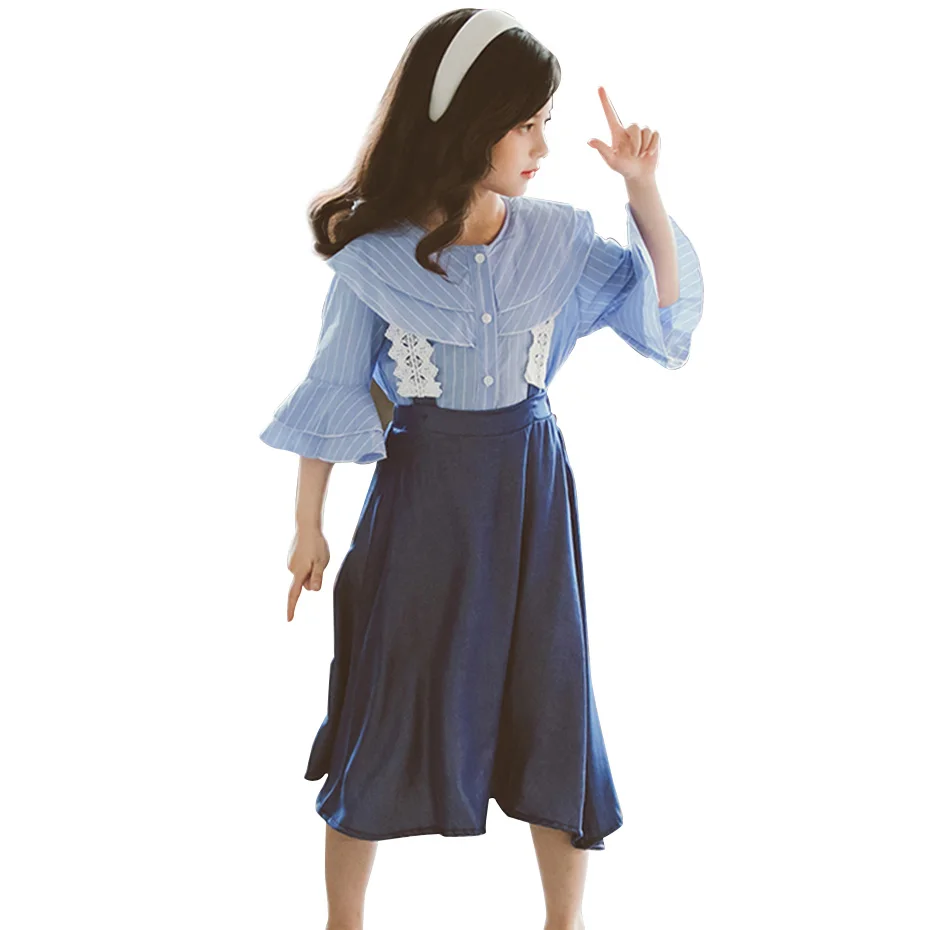 Детская летняя одежда блузка и платье для девочек в полоску кружевные детские