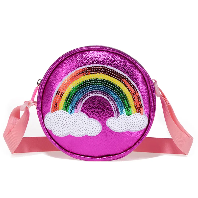 

Fashion 2020 Kids Shoulder Bag PU Leather Adjustable Wide Strap Holiday Travel Rainbow Printed Round Messager Bags