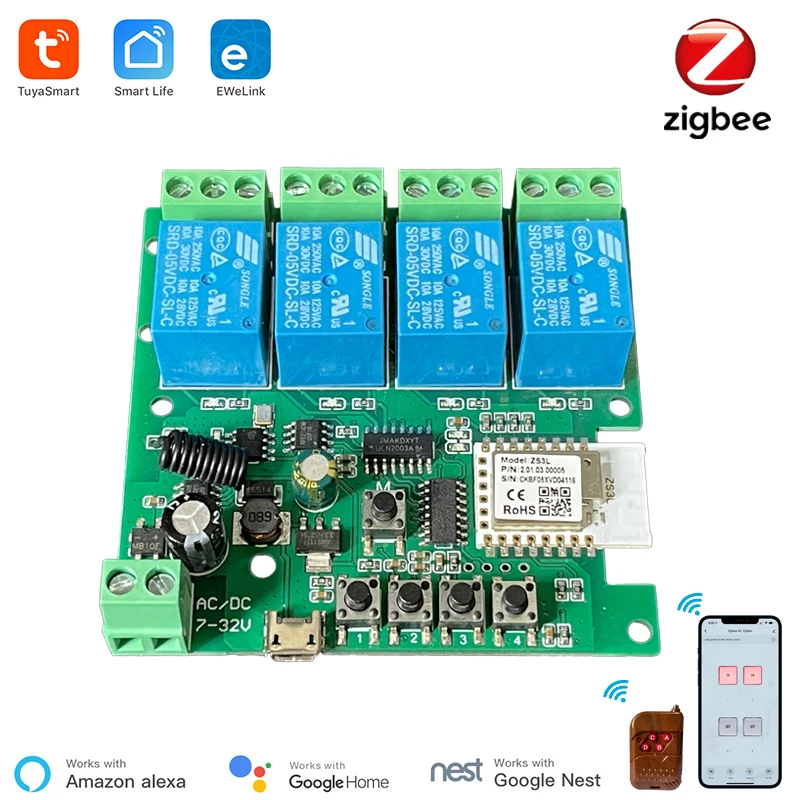 Smart Zigbee Switch 4 Channel Module With RF433 Zigbee Switch 5-32V DIY  Work with Alexa Smartthing ewelink APP Remote Control