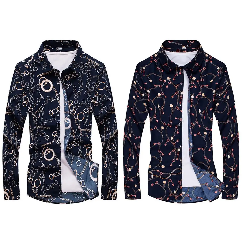 

Printed Men Turn Down Collar Long Sleeve T Shirts Male Button Up Tops Tees