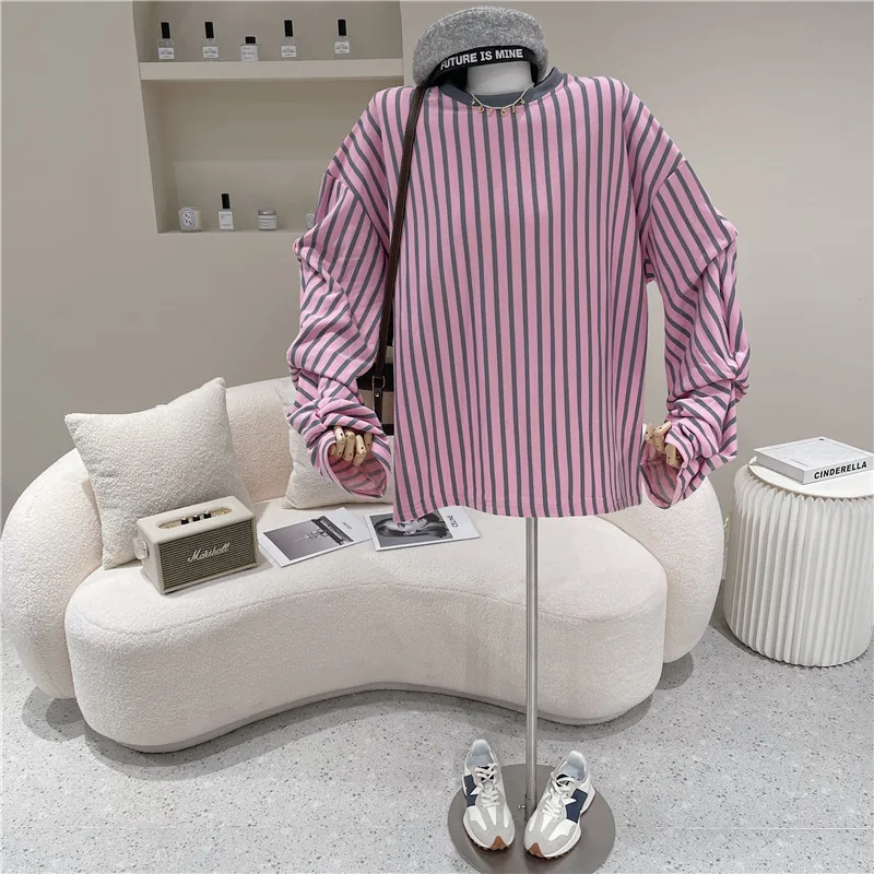

Women Spring Niche Design Fashion Medium Length Versatile T-shirt Vertical Stripe Round Neck Loose Pleated Super Long Sleeve Top