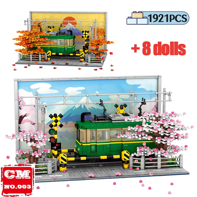 

City Street View Cherry blossoms Kamakura Train Building Blocks Architecture Anime Car Figures Bricks Toys For Children
