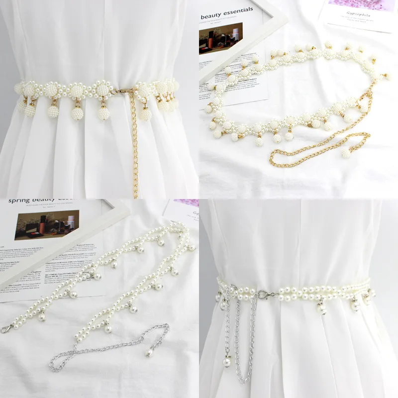 

2021 Sweet Golden Plastic Waist Chain Pearl Belly Waistband Jewelry Dress Beaded Waist Belts for Women Party Pearl Tassel Girdle