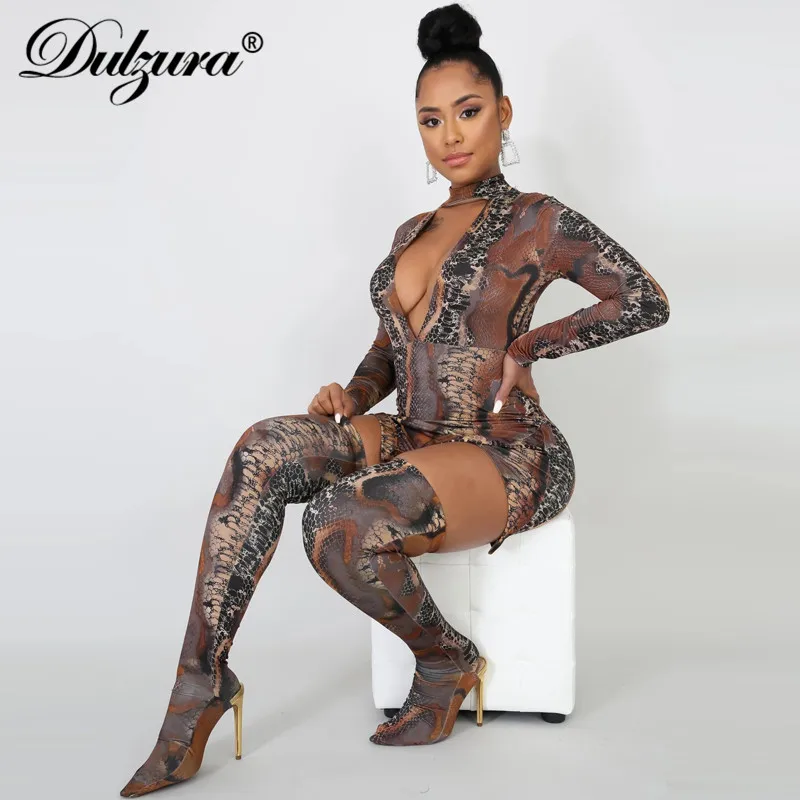 Dulzura Змеиный животным принтом принт женское мини платье с Носки длинным рукавом