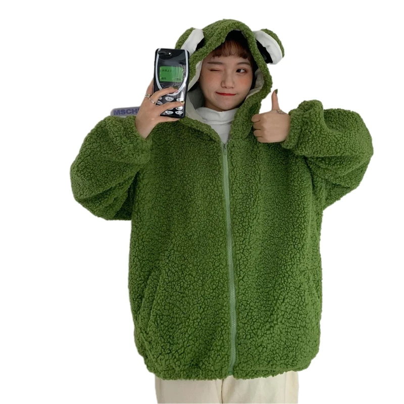 

Women Cute Frog Eyes Hoodies Jacket Oversized Faux Fleece Zip Up Sweatshirt Coat 101A