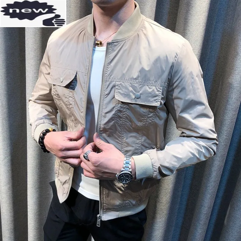 Mens Smart Casual Autumn Slim Fit Long Sleeve Stand Collar Bomber Jacket Vintage Pockets Cargo Coat Spring Men Outerwear