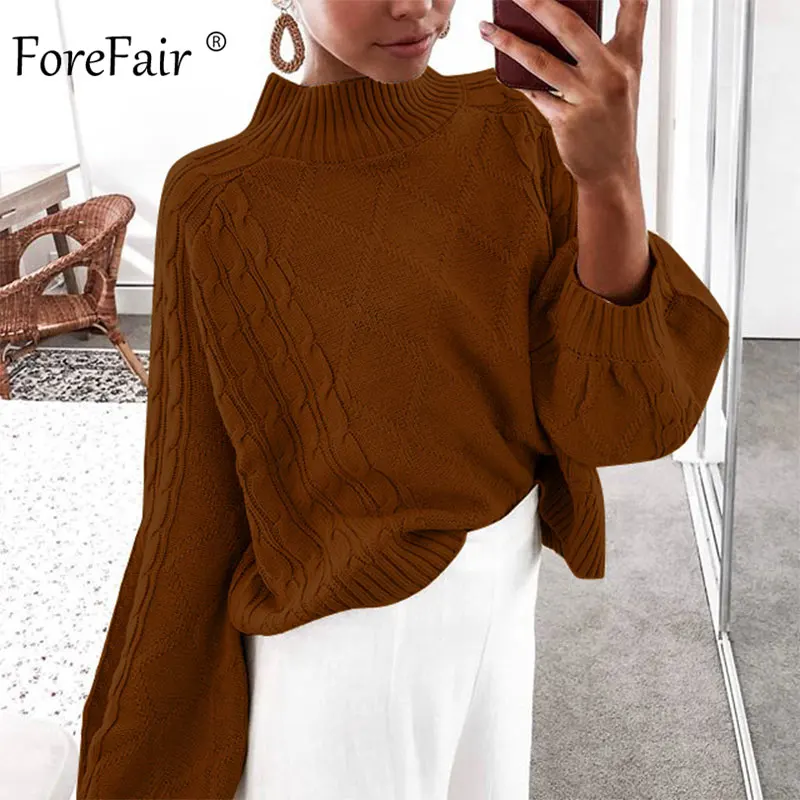 Coffee Sweater Forefair, Зимний вязаный свитер с высоким воротом, женский, осень, рукав-фонарик, размера плюс, однотонный джемпер, повседневные пуловеры оверсайз - Цвет: Coffee Sweater