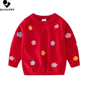 New Baby Girls Pullover Knitted Sweater Autumn Winter Kids Girls Fashion Flower Embroidery O-neck Jumper Sweaters Tops Clothing