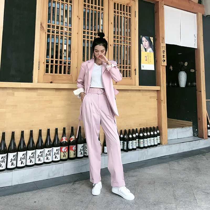 TWOTWINSTYLE Элегантный комплект из двух предметов женский воротник с лацканами длинный рукав на шнуровке хит цвет блейзеры Высокая талия с поясом костюмы женские
